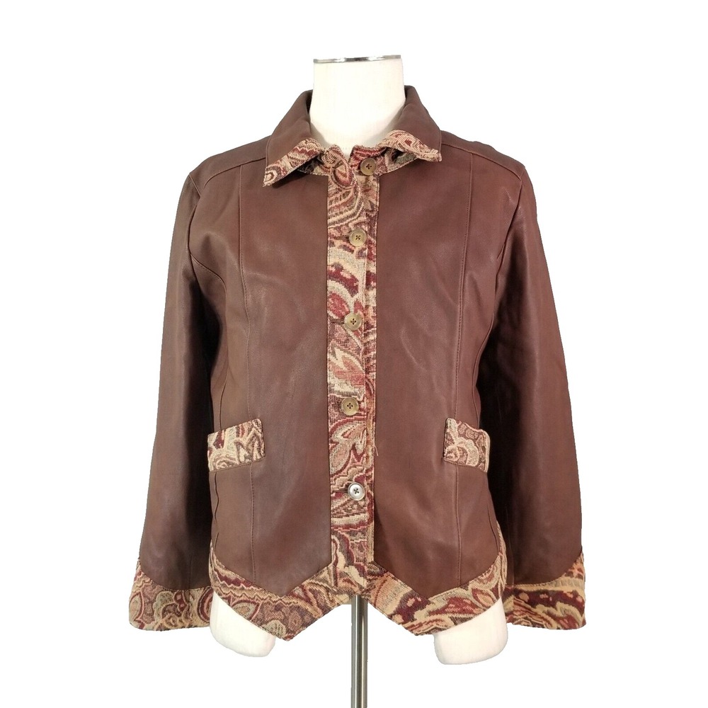 Coldwater Creek Jacket Womens XL Brown Leather Tapestry Embroidered Boho Western